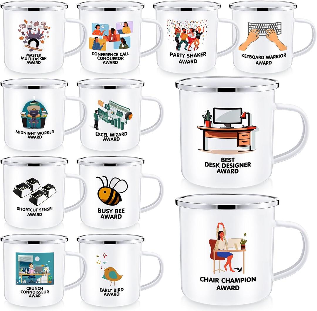 12 Pcs Funny Appreciation Awards Gifts Employee Enamel Cups Bulk 12 oz Employee of The Month Coffee Mugs Thanks Gifts Cups with Handle for Colleague Coworker Adults Team Office Decorations