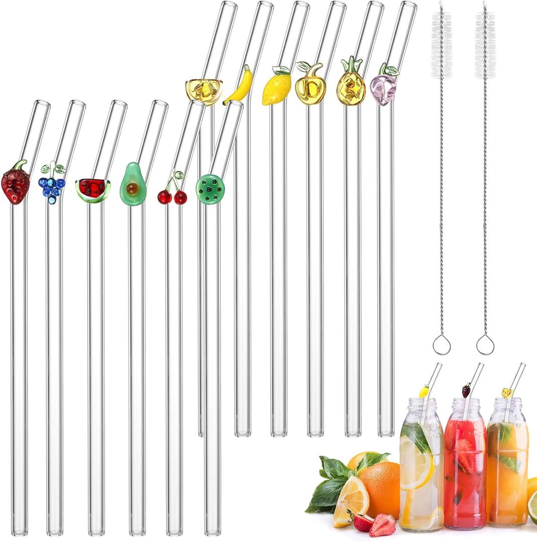Honeydak 12 Pcs Glass Straws with Design Reusable Cute Fruit Drinking Straws 7.9in x 8mm Colorful Party Favors Decorations with 2 Cleaning Brushes