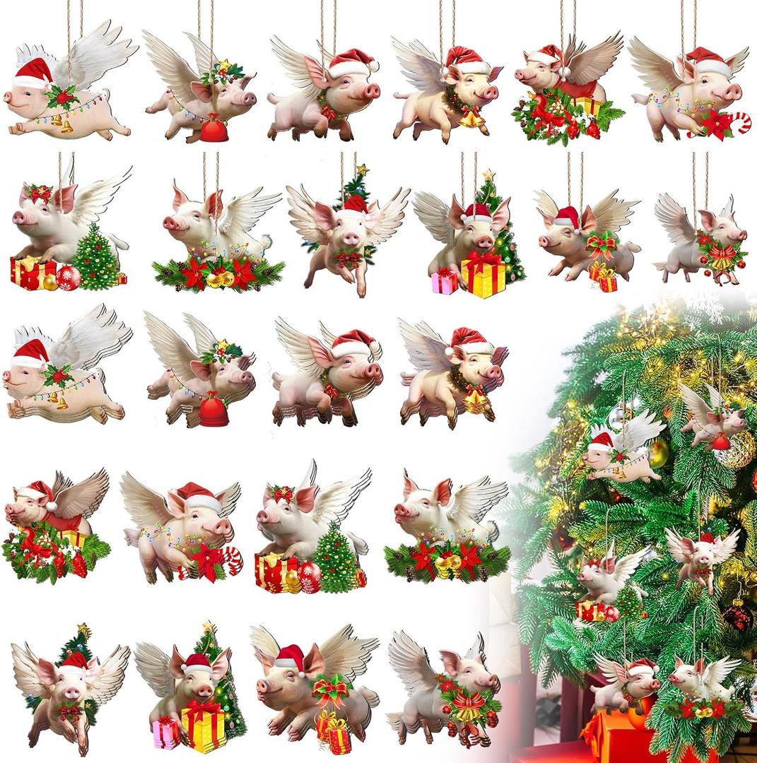 Soaoo 48 Pcs Christmas Flying Pig Ornaments Wooden Pig for Xmas Tree Wood Animal Hanging Decor Holiday Party Decoration