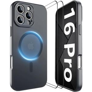 YFEMLAZ Magnetic for iPhone 16 Pro Case,with Screen Protectors X2,Full Camera Protection,Compatible with MagSafe,Translucent Matte,Anti-FingerprintShockproof Protective Phone Case,6.3",Black