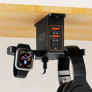 COZOO Headphone Stand with USB Charger Under Desk Headset Holder Mount with 3 Port USB Charging Station (20W PD & QC3.0) and iWatch Stand Smart Watch Charging Dock Dual Earphone Hanger Hook,UL Tested