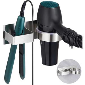 Hair Dryer Holder, Hair Tool Organizer, Stainless Steel Blow Dryer Holder Wall Mounted, Adhesive Straightener Holder, Bathroom Hair Care Styling for Flat Iron,Curling Iron,Hairdryer (Silver)