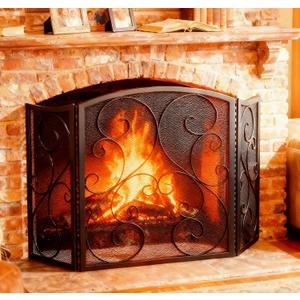 Fire Beauty Fireplace Screen 3 Panel Wrought Iron Metal 48"(L) x30(H) Spark Guard Cover(Black)