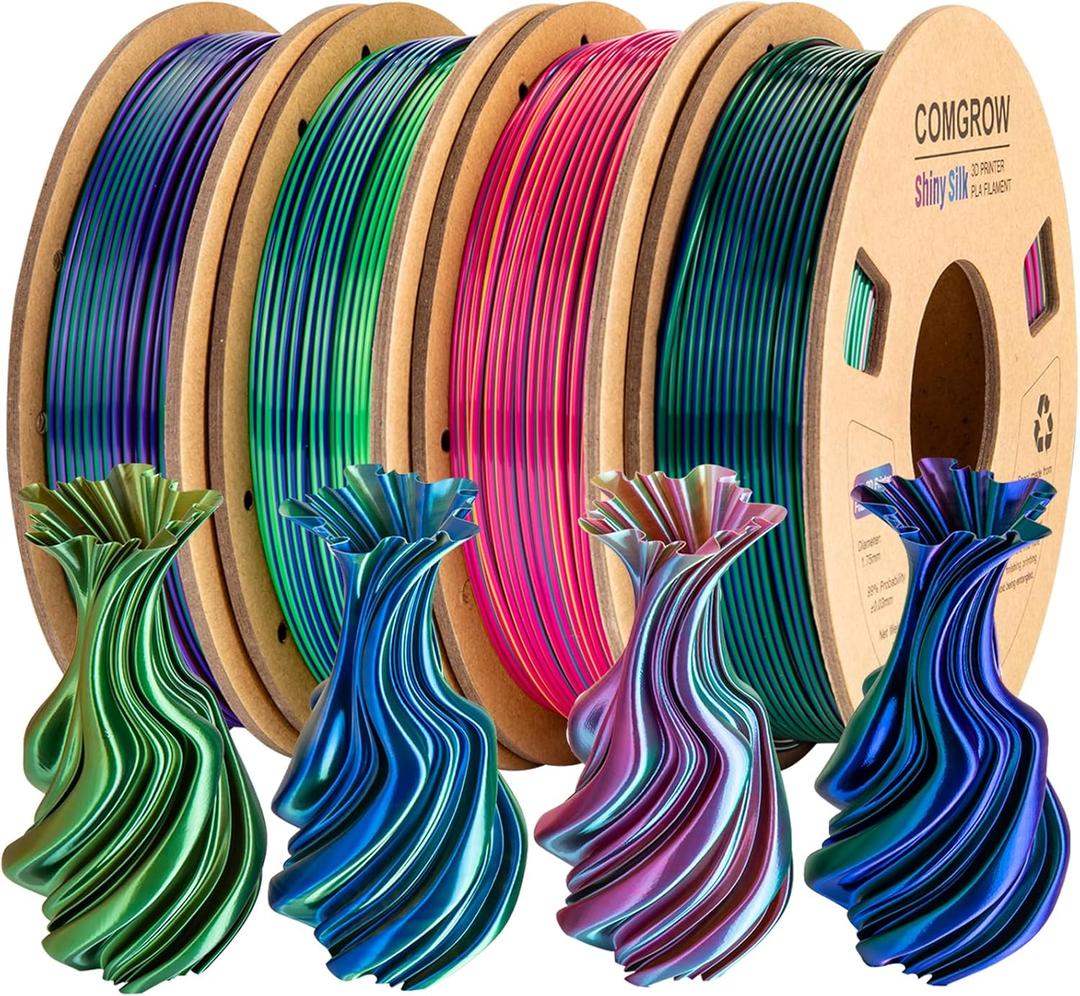 Comgrow Silk Shiny Rainbow Multi-Color 3D Printer Filament, Comgrow 3D Printing Materials Silk PLA 1.75mm, 3D Printing Filament +/-0.02mm, 250g X 4 Spool (Red & Blue & Yellow+red & Blue & Green+copper & Green & Purple+blue & Green & Orange)