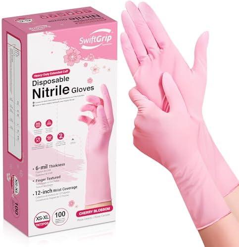 SwiftGrip Disposable Nitrile Dishwashing Gloves, Extended 12 Inches Cuff, 6-mil, Cherry Blossom Cleaning Gloves, Latex-Free, S , 100 Ct