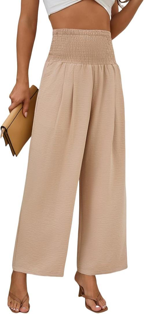 Womens Elastic High Waisted Wide Leg Pants Casual Loose Flowy Palazzo Pant Long Lounge Capri Trousers with Pocket (Beige, M)