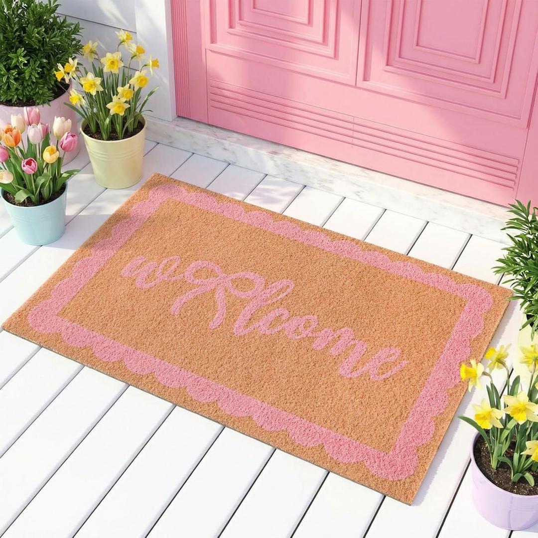 Pink Bow Welcome Doormat 29 x 17 Inch Coquette Mat with Heavy Duty Backing Cute Coconut Coir Door Mat for Home Indoor Outdoor Front Door Porch Entryway Decor