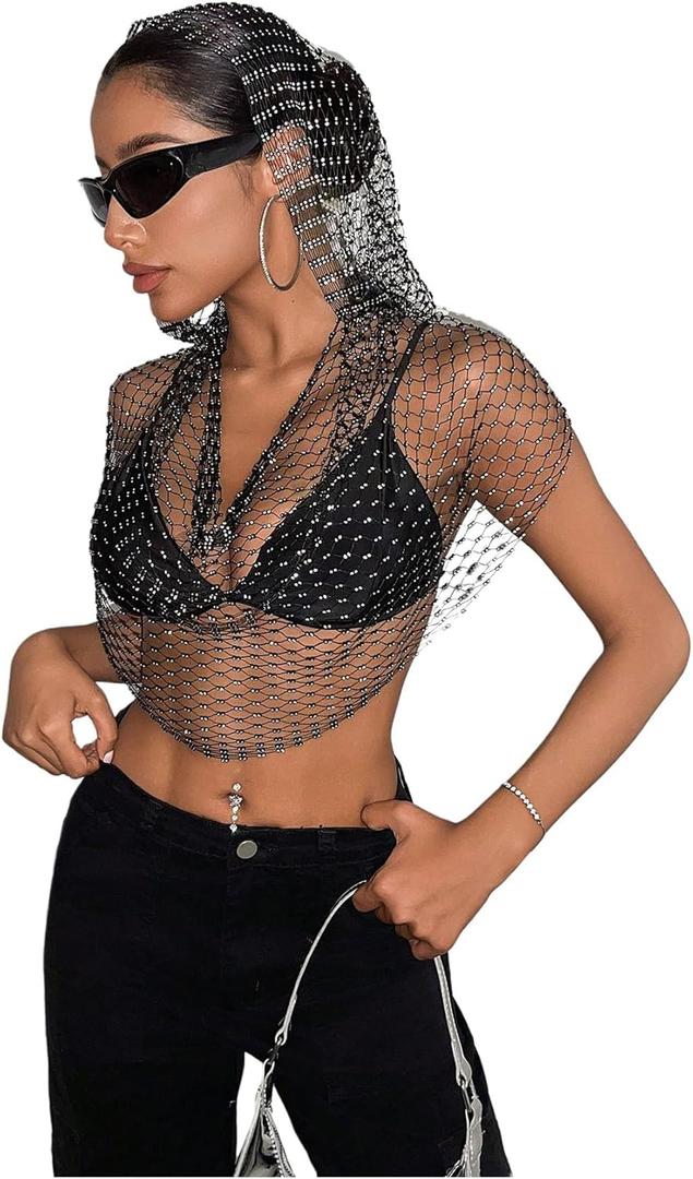 Floerns Women's Rhinestone Fishnet Mesh Hoodie Sheer Sleeveless Club Crop Tops (Medium, Black)
