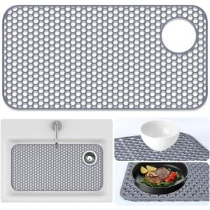 Sink Protector for Kitchen Sink Mat - 28.35"x14.37" Kitchen Sink Pad for Bottom of Sink Protec of Stainless Steel Sink Tableware Farmhouse Rubber Sink Mat Protector with Top Right Drain - Light Gray