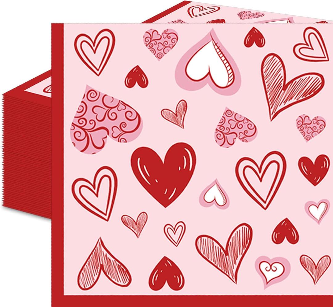 50 Count Valentines Day Heart Napkins, Disposable Paper Napkins with Red and Pink Heart Design for Romantic Dinners, Bridal Showers, Galentines Parties, and Love-Themed Decorations