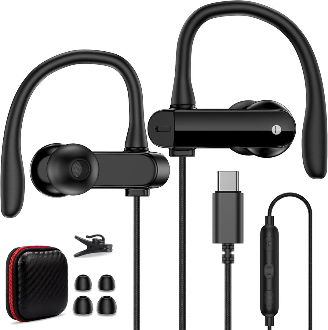 USB C Earbuds Wired Over Ear Headphones for iPhone 17 16 Pro Max Samsung S25 S24 Ultra A17 A16,Type C Sport Headphones Wired Earphones with Ear Hooks &Loop Microphone for iPad Pro Air Galaxy Z Fold 7