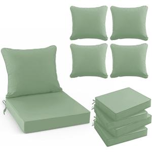 Summsun Outdoor Cushions for Patio Furniture, Double-Sided Waterproof Backrest and Deep Seat Cushion Set with Removable Cover, 22 x 22 Inch, Sage Green, Set of 4