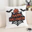 Jonhier Halloween Decorative White Throw Pillow Cover, Fall Embroidered Pumpkin Pillowcase for Sofa Couch Bed, Textured Bat Pattern Thanksgiving Cushion Home Decor (Happy Halloween, 18 x 18)