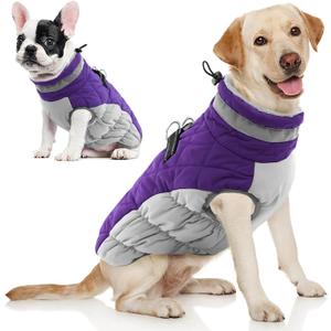 AOFITEE Dog Coat, Warm Dog Winter Coat, Reflective Cold Weather Dogs Puffer Jacket with Harness Built in, Waterproof Pet Fleece Vest Snowsuit for Small Medium Large Dogs, Purple L