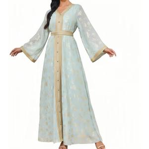 Abaya Muslim Dress for Women V Neck Belted Embroidered Floral Maxi Kaftan Islamic Dubai Arabian Evening Dress, Light Green, Large