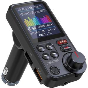 Nulaxy Bluetooth FM Transmitter for Car, 1.8" Color Screen Strong Mic Bluetooth Car Adapter with QC3.0 Fast Charger, Treble & Bass Sound Music Player, Hands-Free Calls, Supports Aux/TF Card/USB Drive (Black)