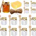 Adabocute 4oz Hexagonal Honey Jars - Glass Honey Jars with Gold Lids, Wooden Dippers, Bee Charms and Jutes - Hexagon Jars for Baby Shower, Wedding and Party Favors, 12 Pack