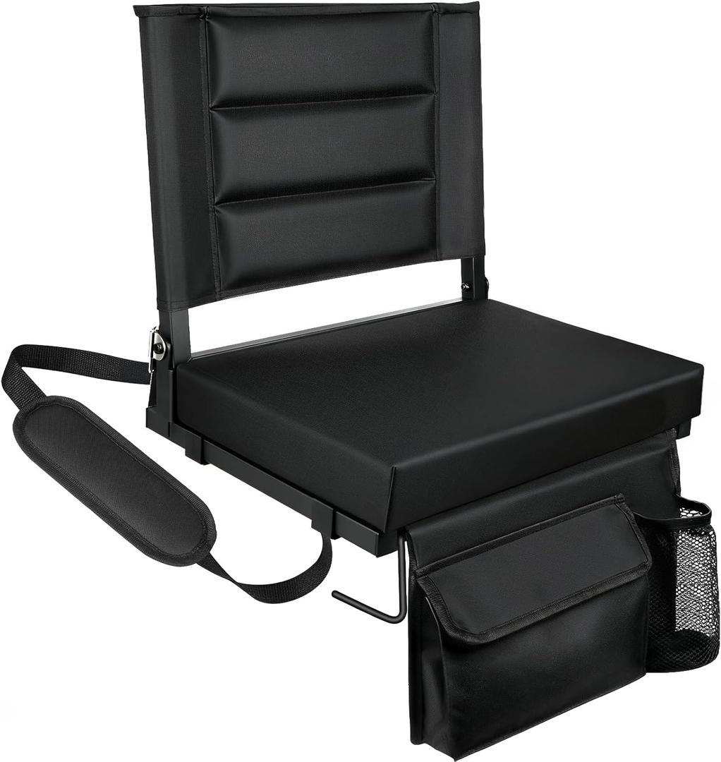 Stadium Seats with Back Support,Bleacher Chairs with Cushion, Portable Folding Stadium Chair with Removable Cushion and Large Pocket for School Events Sports Game(Black) (1 Pack-16.4"W x 11.4"D x 15.6"H)