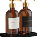 Glass Soap Dispenser Set of 2 (Amber) with Silicone Tray | Hand and Dish Soap Dispenser for Kitchen and Bathroom | 16.8 Oz Glass Bottles with Stainless Steel Pump & 15 Waterproof Labels (Amber/Gold)