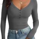 Women's Long Sleeve V Neck Shirt Sexy Henley Tight Slim Fitted Going Out Top Ribbed Button Fall Fashion 2025 (Darkgrey), S