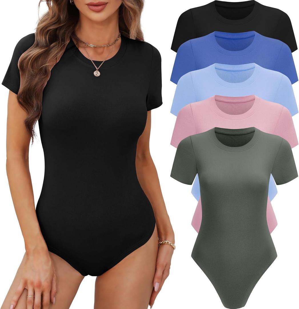 BALENNZ Women's 4/5 Pack Short Sleeve Round Neck Bodysuit Tops Crew Neck Basic Casual Tshirt Bodysuits (Large, 5 Pack Black, Olive Green, Pink, Sky Blue, Royal Blue)