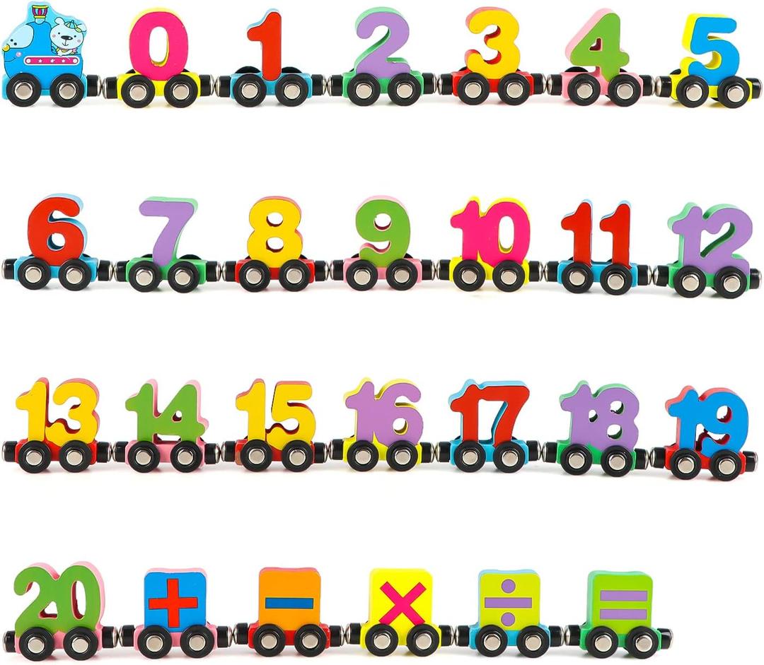 Wondertoys 27 PCS Wooden Magnetic Number Train Set Toy Compatible with Major Brands Train Set Tracks