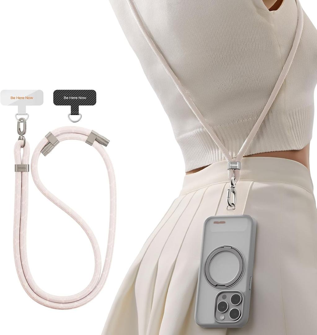 TORRAS Phone Lanyard Crossbody with 2 Phone Tabs, Adjustable Anti Theft Strap for All Cellphone, Premium Metal Buckles, Skin-Friendly, Universal Cellphone Neck lanyard for Travel Essentials, Beige