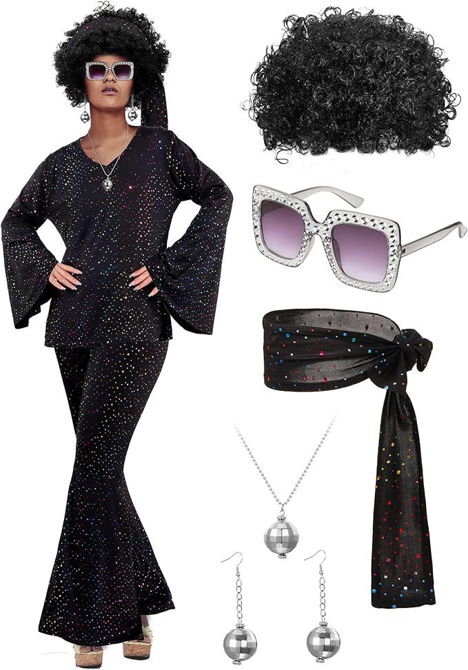 Jexine 70s Women Disco Outfit Costume Disco Party Top Pants Sunglasses Ball Necklace Earring Wig for Halloween New Year Eve(Black,Medium)