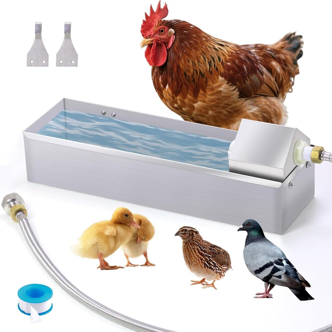 Automatic Chicken Waterer Dispenser 1 Gallon Large Stainless Metal Poultry Waterer Feeder Hanging Chicken Watering System with Float Valve Hose Kit for Pigeon Duck Goose Turkeys for Chicken Coop