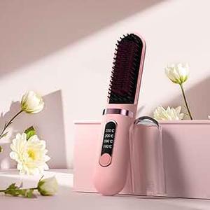 Cordless Hair Straightener Brush, Portable Straightening Brush for Women, Mini Negative Ion Hot Comb for Travel, 30Mins AutoOff, USB Rechargeable, Fast Heating 4 Temperature Settings (Pink)