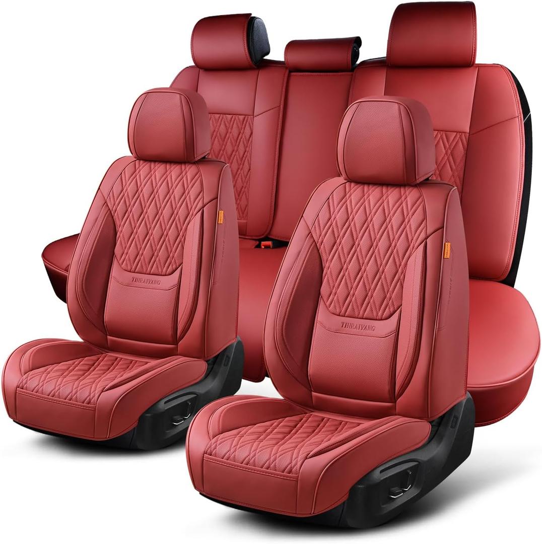 Car Seat Covers Full Set, Breathable Leather Automotive Front and Rear Seat Covers, Car Seat Protectors Full Set,Universal Automotive Vehicle Seat Cover for Most Sedan SUV Pick-up Trucks, Wine Red