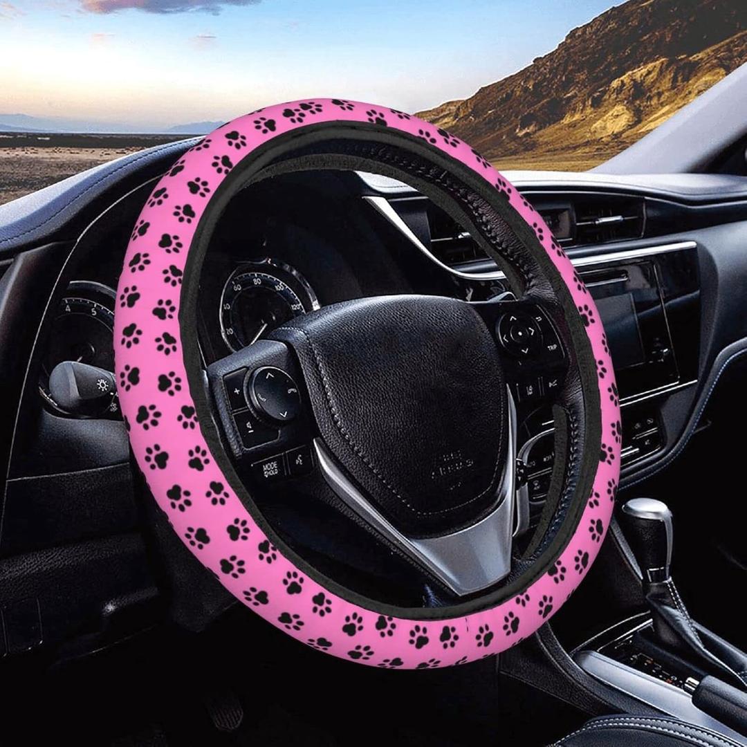 Pink Dog Paw Print Car Steering Wheel Cover Neoprene Automotive Steering Wheel Cover Anti Slip and Sweat Absorption Auto Car Wrap Cover Fit Most Cars 15 Inch