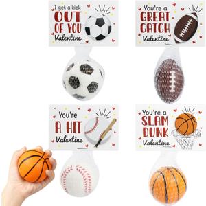 Valentines Day Gifts for Kids - 24 Pack Stress Balls with Valentines Day Cards for Kids School - Football Soccer Baseball and Basketball for Boys Girls Toddler Classroom Exchange Party Favors