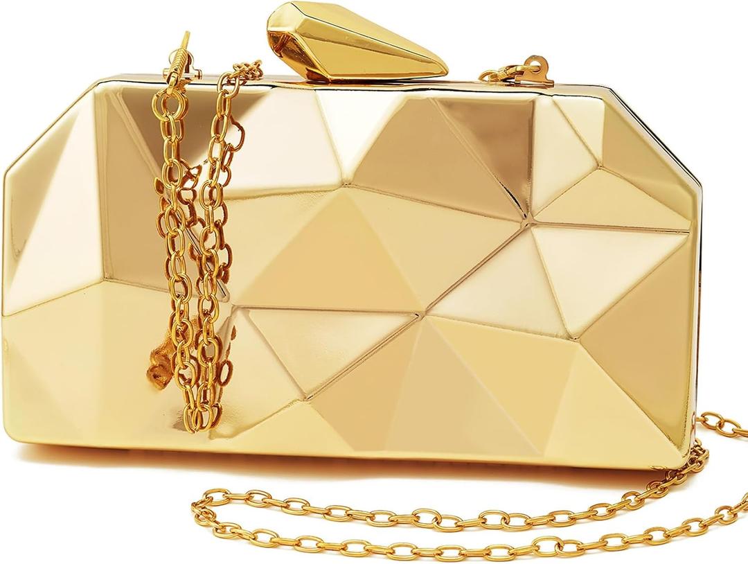 Women Lattice Pattern Metal Evening Clutch Bag, Geometric Evening Clutch Purse Handbag With Chain Strap (Small, Gold)