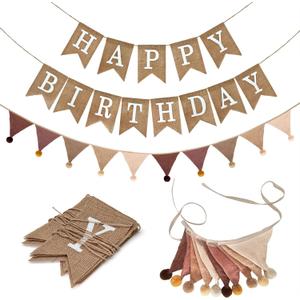 Burlap Happy Birthday Banner with Pennant Banner Flags for Birthdays Decorations, Brown Burlap Happy Birthday Signs Bunting for Men Women Boys Girls kids Neutral Celebration Party Backdrops