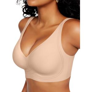 Vertvie Deep V Bras for Women No Underwire Push Up Wireless Bra Comfort Seamless Supportive Bra Racerback Soft Sleep Bralette (Medium, Nude)