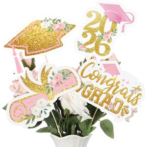 24 Pcs 2026 Pink Gold Floral Graduation Centerpieces Sticks Congrats Grad Decorations Class of 2026 Pink Gold Centerpiece Sticks Table Toppers for College High School Grad Party Photo Props Supplies