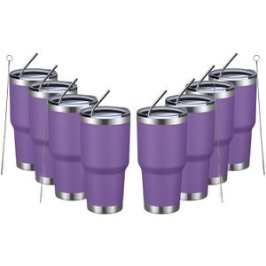 MEWAY 30oz Insulated Tumbler With Lids and Straws, Stainless Steel Double Vacuum Coffee Tumbler Cup, Brush, Durable Powder Coated Coffee Cup for Cold & Hot Drinks, Office, Travel (Purple,8 PACK)