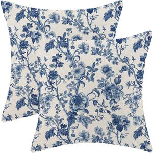 Blue Floral Pillow Covers 18x18 Inch Set of 2 Vintage Navy Blue Floral Throw Pillows Spring Summer Flower Pillowcase Linen Outdoor Decorative Cushion Covers for Bed Sofa Couch