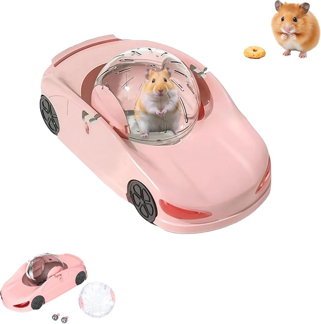3-in-1 Hamster Car Toy, Silent Dwarf Hamster Running Ball and Exercise Wheel, 4.8 Inches, Small Pet Activity Center (Pink)