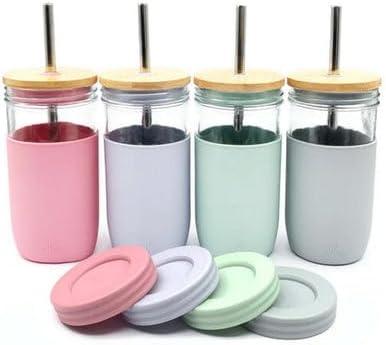 Elk and Friends 24oz Glass Mason Jar  Pack of 4 | Bamboo Straw Lids + Stainless Steel Straws | Smoothie + Iced Coffee + Bubble Tea Cups | Glass Cups with Lids and Straws | Dishwasher Safe (Blush/Lilac/Sage/Gray (Sleeves))