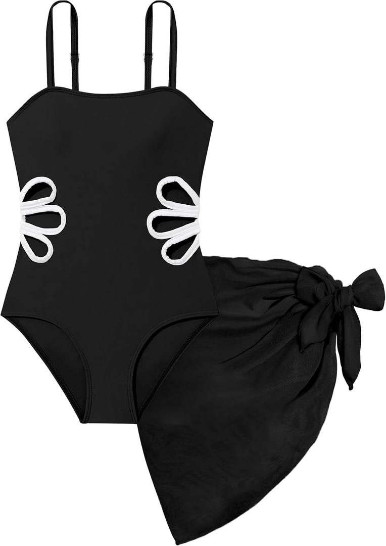 Girls Swimsuit, Adjustable Straps Cut Out One Piece Bathing Suit with Solid Color Cover Up Skirt Girls' Swimwear (15-16 Years, Black)
