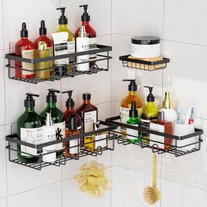 Uamector Shower Caddy Organizer Rustproof - Bathroom Shelves Rack for Home Decor & Storage - Adhesive Wall Shampoo Holders for Inside - Bath Tub Organization (4 Pack, Black)