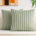 Aegero Pack of 2 Faux Fur Fall Throw Pillow Covers 16x16 Inch, Soft Plush Striped Neutral Couch Pillow Cover, with Velvet Back Modern Home Decor for Sofa Living Room Couch Bed Sage Green