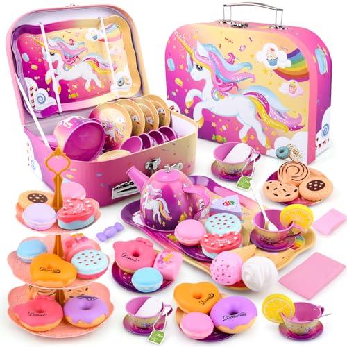 Auney Tea Party Set Toys for Girls, Tin Unicorn Tea Set Pretend Play Girls Toys Gifts for Age 3-6, Kids Toys Gifts for Toddlers Including Carrying Case (New Unicorn)