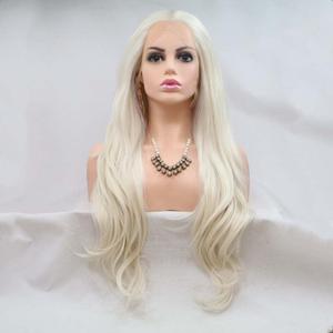 Platinum Blonde Wavy Lace Front Wig Long Natural Wave White Synthetic Lace Front Wig Silver Blonde Wig Heat Resistant Fiber Wig for Woman 24inch