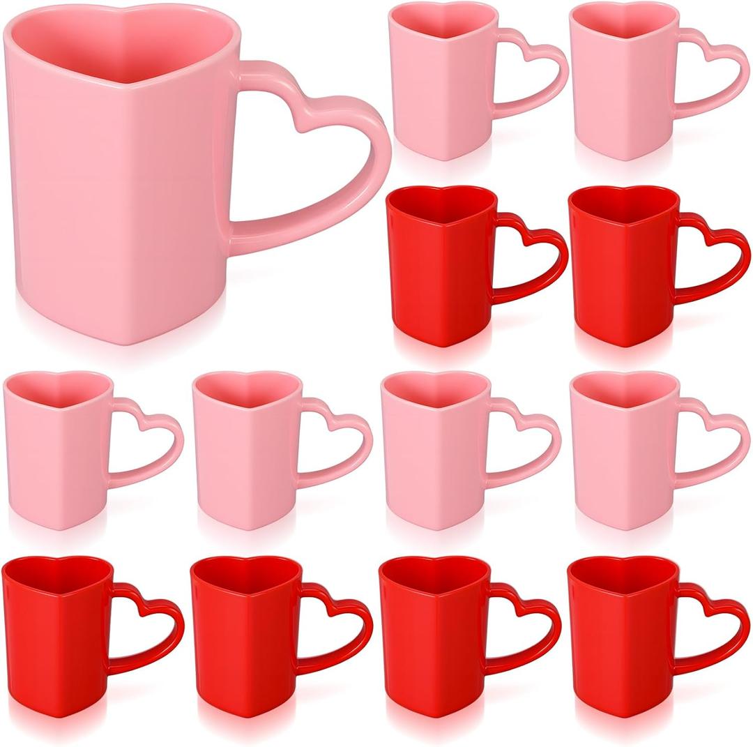 Baderke 12 Pcs Valentine's Day Heart Shaped Mugs with Handles 7.8 oz Reusable Pink Red Love Heart Plastic Drinking Cups for Birthday Wedding Anniversary Party Supplies(Red and Pink)