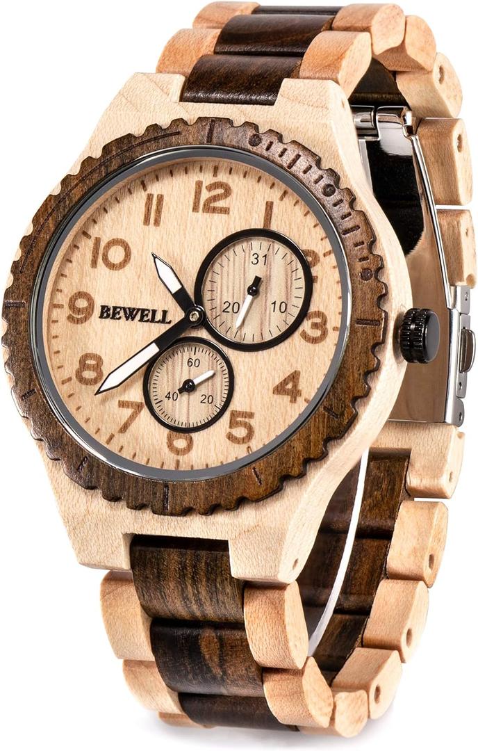 BEWELL Wood Watches for Men Analog Quartz Date Retro Handcraft Lightweight Wooden Wristwatch W154A (Maple and Ebony)