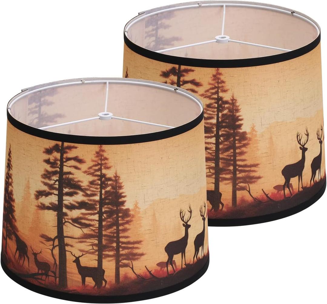 Rustic Deer Printed Large Drum Lamp Shades Set of 2. Easy Assembly.11.4"x13"x10" Barrel Brown Lamp Shade For Cabin Lodge Decoration.Replacement Lamp Shades For Table Lamps(Spider Model)