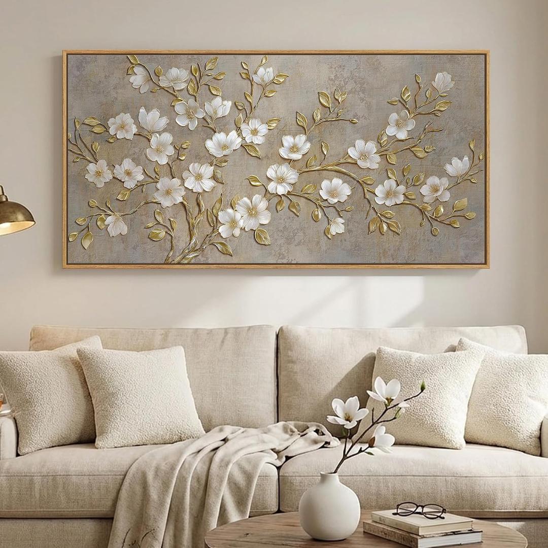 Large Framed Neutral Botanical Wall Art for Living Room, Rustic Elegant Magnolia Floral Canvas Prints Paintings, White Flower with Gold Branches Pictures for Dining Room Office Wall Decor, 60x30 Inch
